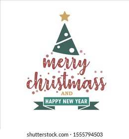 Christmas and New Year Typographical  with snowflakes, light, stars. Merry Christmas card. Vector Illustration
