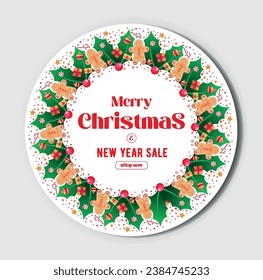 Ilustración navideña con diseño tipográfico y elementos navideños brillantes sobre fondo rojo.
