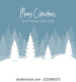 Christmas and New Year Typographical with winter landscape, tree and snowflakes background.
