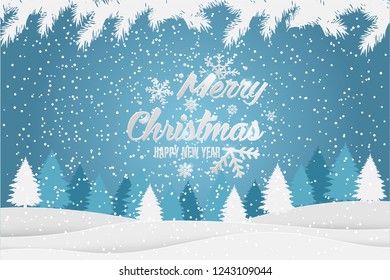 Christmas and New Year Typographical Xmas background with winter landscape. Merry Christmas card. Vector Illustration