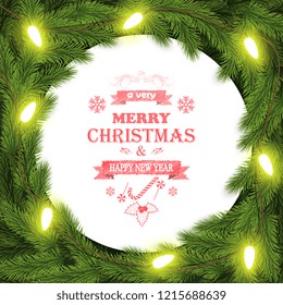 Christmas and New Year typography background with fir branches.