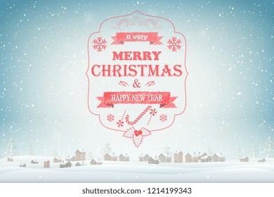 Christmas and New Year typography greetings on Xmas background with winter rural landscape and snowflakes.