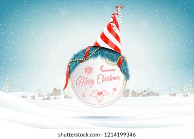 Christmas and New Year typography greetings on Xmas background with winter rural landscape and snowflakes.