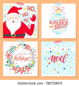 Christmas and New Year typography.Set of holidays cards with greetings, santa,christmas ball,wreath,snowflakes and stars.Seasons greetings perfect for prints, flyers,cards,invitations and more.