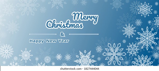 Christmas and New Year typography on a blue background with white snowflakes. Vector illustration