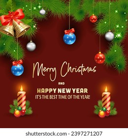 Christmas and New Year typography on shiny Christmas background with winter with snowflakes, lights, stars. Merry Christmas card. Vector Illustration