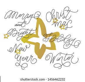 Christmas and New Year typography set of handwritten calligraphy with golden stars. Card design elements. Holiday lettering templates for greeting cards, overlays, posters, wrapping paper. Vector. 