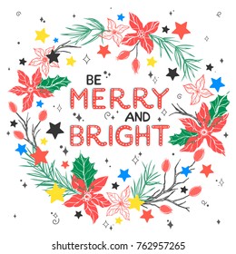 Christmas and New Year typography. Christmas wreath with be marry and bright and swirls, sparkles and stars.Seasons greetings card perfect for prints, flyers,postcards,invitations and more.