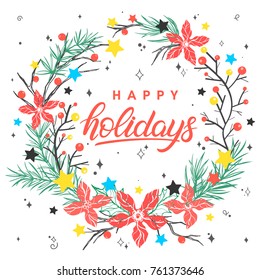 Christmas and New Year typography.Happy holidays and christmas wreath with swirls, sparkles and stars.Seasons greetings card perfect for prints, flyers,cards,invitations and more.Vector illustration.