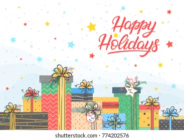 Christmas and New Year typography.Happy holidays with different gift boxes, snowflakes and stars.Seasons greetings card perfect for prints, flyers,cards,invitations and more.Vector illustration.