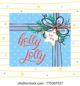 Christmas and New Year typography.Lettering Holly Jolly with present box, spakles and snowflakes. Seasons greetings card perfect for prints, flyers,cards,invitations and more.Vector illustration.