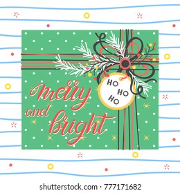 Christmas and New Year typography.Merry and bright with present box,spakles and snowflakes.Seasons greetings card perfect for prints, flyers,cards,invitations and more.Vector illustration.