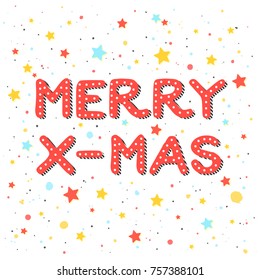 Christmas and New Year typography.Merry x-mas holidays greetings with colorful confetti and stars.Seasons greetings card perfect for prints, flyers,cards,invitations and more.Vector illustration.