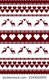 Christmas, New Year and Valentines design. Red and white seamless ethnic pattern. Christmas ethnic pixel pattern with reindeers, hearts and Nordic snowflakes for winter hats, jumper and folk sweaters.