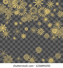 Christmas and New Year vector background with golden snowflakes. The effect of decorating falling golden snowflakes. Winter vacation. Good for Christmas card, banner or poster. EPS 10