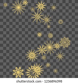 Christmas and New Year vector background with golden snowflakes. The effect of decorating falling golden snowflakes. Winter vacation. Good for Christmas card, banner or poster. EPS 10
