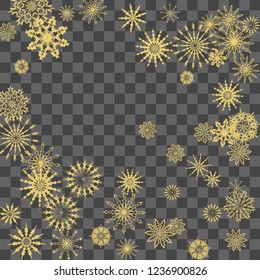 Christmas and New Year vector background with golden snowflakes. The effect of decorating falling golden snowflakes. Winter vacation. Good for Christmas card, banner or poster. EPS 10