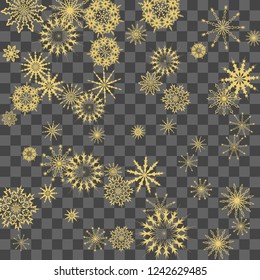 Christmas and New Year vector background with golden snowflakes. The effect of decorating falling golden snowflakes. Winter vacation. Good for Christmas card, banner or poster. EPS 10