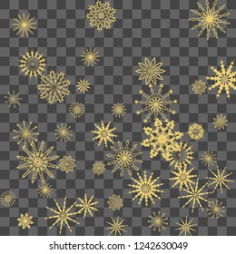Christmas and New Year vector background with golden snowflakes. The effect of decorating falling golden snowflakes. Winter vacation. Good for Christmas card, banner or poster. EPS 10