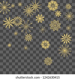 Christmas and New Year vector background with golden snowflakes. The effect of decorating falling golden snowflakes. Winter vacation. Good for Christmas card, banner or poster. EPS 10