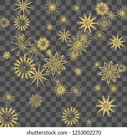 Christmas and New Year vector background with golden snowflakes. The effect of decorating falling golden snowflakes. Winter vacation. Good for Christmas card, banner or poster. EPS 10