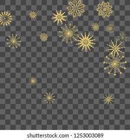 Christmas and New Year vector background with golden snowflakes. The effect of decorating falling golden snowflakes. Winter vacation. Good for Christmas card, banner or poster. EPS 10