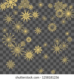 Christmas and New Year vector background with golden snowflakes. The effect of decorating falling golden snowflakes. Winter vacation. Good for Christmas card, banner or poster. EPS 10