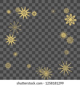 Christmas and New Year vector background with golden snowflakes. The effect of decorating falling golden snowflakes. Winter vacation. Good for Christmas card, banner or poster. EPS 10