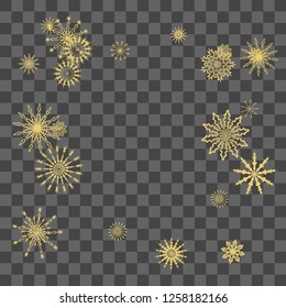 Christmas and New Year vector background with golden snowflakes. The effect of decorating falling golden snowflakes. Winter vacation. Good for Christmas card, banner or poster. EPS 10