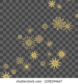 Christmas and New Year vector background with golden snowflakes. The effect of decorating falling golden snowflakes. Winter vacation. Good for Christmas card, banner or poster. EPS 10