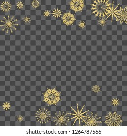 Christmas and New Year vector background with golden snowflakes. The effect of decorating falling golden snowflakes. Winter vacation. Good for Christmas card, banner or poster. EPS 10