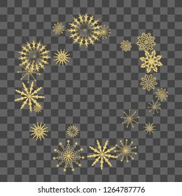 Christmas and New Year vector background with golden snowflakes. The effect of decorating falling golden snowflakes. Winter vacation. Good for Christmas card, banner or poster. EPS 10