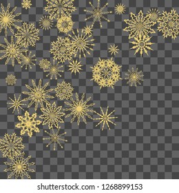 Christmas and New Year vector background with golden snowflakes. The effect of decorating falling golden snowflakes. Winter vacation. Good for Christmas card, banner or poster. EPS 10