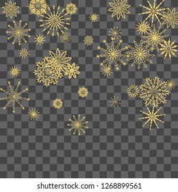 Christmas and New Year vector background with golden snowflakes. The effect of decorating falling golden snowflakes. Winter vacation. Good for Christmas card, banner or poster. EPS 10
