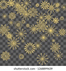 Christmas and New Year vector background with golden snowflakes. The effect of decorating falling golden snowflakes. Winter vacation. Good for Christmas card, banner or poster. EPS 10