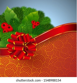 Christmas and new year vector background template with red ribbon, holly and chreistmas tree branches.
