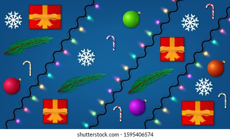 Christmas and New Year vector background. Holiday pattern with gift box, candle, garland, balls and branches for wallpaper, poster, card, banner.