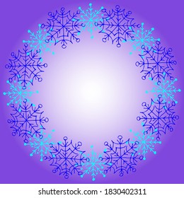 Navidad, fondo vectorial de Año Nuevo. Marco redondeado de copos de nieve azul y turquesa sobre un fondo de gradiente radial blanco-lila. Los elementos están dibujados a mano.
