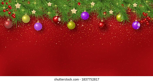 Christmas and New Year vector background. Fir tree branches border with winter decor on red blurred backdrop
