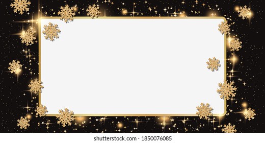 Fondo vectorial de Navidad y Año Nuevo con estrellas doradas, copos de nieve y marco