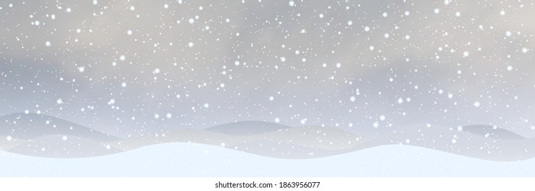 Christmas and New Year vector background. Snowy landscape with cloudy sky and heavy snowfall