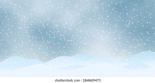 Christmas and New Year vector background. Snowy landscape with cloudy sky and heavy snowfall