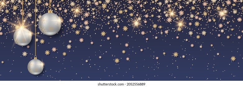 Christmas and New Year vector background with stars and snowflakes. Horizontal banner design template