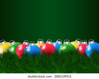 Christmas and New Year vector background with fir branches, balls