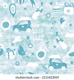 Christmas and New Year vector background. Seamless pattern with festive elements on blue watercolor background. Perfect for greeting Christmas and New Year cards, invitations, wallpaper, wrapping.