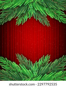 Christmas and New Year vector background with red curtain and fir tree branches for design