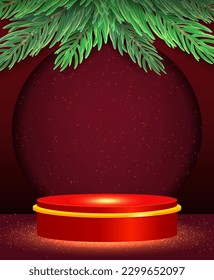 Christmas and New Year vector background with red podium and fir tree branches for design