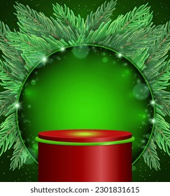 Christmas and New Year vector background with red podium and fir tree branches for design