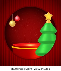 Fondo vectorial de Navidad y Año Nuevo con podio rojo, bolas colgantes y árbol de abetos para diseño