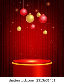 Fondo vectorial de Navidad y Año Nuevo con podio rojo, cortina y bolas colgantes para el diseño